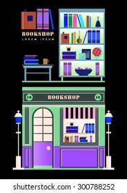 Bookstore. Books, science, knowledge. Storefront and a shelf with books. Vector flat illustration. Bookcase