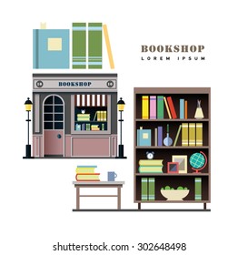 Bookstore. Books, science, knowledge. Storefront and a shelf with books. Vector flat illustration