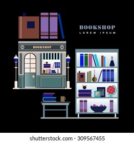 Bookstore. Books, science, knowledge. Storefront and a shelf with books. Vector flat illustration