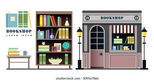 Bookstore. Books, science, knowledge. Storefront and a shelf with books. Vector flat illustration. Bookcase
