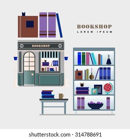 Bookstore. Books, science, knowledge. Storefront and a shelf with books. Vector flat illustration. Bookcase