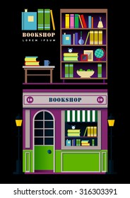 Bookstore. Books, science, knowledge. Storefront and a shelf with books. Vector flat illustration