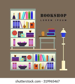 Bookstore. Books, science, knowledge. Storefront and a shelf with books. Vector flat illustration. Bookcase