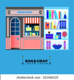 Bookstore. Books, science, knowledge. Storefront and a shelf with books. Vector flat illustration