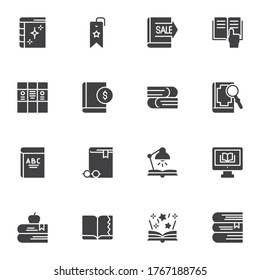 Bookstore, books vector icons set, modern solid symbol collection, filled style pictogram pack. Signs, logo illustration. Set includes icons as open book reading, sale price tag, dictionary, ebook