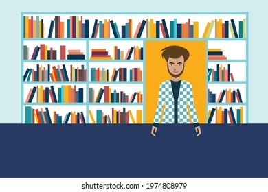 Bookstore and bookseller man. Flat vector illustration. 