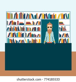 Bookstore and bookseller man. Flat vector illustration.