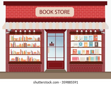 Bookstore With Bookshelves, Exterior Building Vector Illustration.