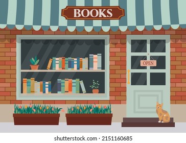 Bookstore, bookshop. Showcase and shelves with books. Flat vector illustration.