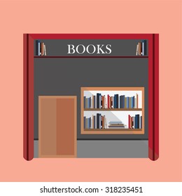 Bookstore building facade with signboard vector illustration. Storefront and a shelf with books. Flat style illustration or icon. 
