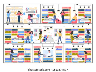 Bookstore building interior. People choosing and buying literature. Shelves with books. Flat vector illustration.