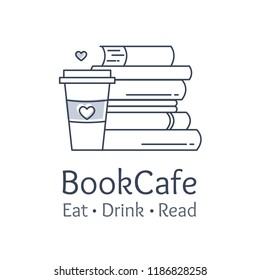 Bookstore and cafe visual identity. Logo element, flat line style. Eat, drink and read place business concept. Pile of books, coffee mug and heart symbol composition. Vector illustration.
