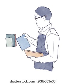 Bookstore clerk arranging books  Watercolor   ink hand drawn illustration upper body Asian man in shirt   apron  Working Concept