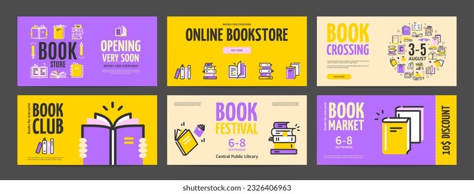 Bookstore, Club, Festival and Market Horizontal Placard Poster Banner Card Template Set. Vector illustration of Book Store