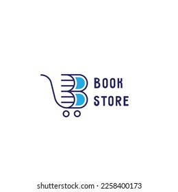 Bookstore creative logo design. Book and cart basket trolley combination silhouette. Suitable for icon web or app. Business education logo simple modern flat idea design. Literature novel learn logo.