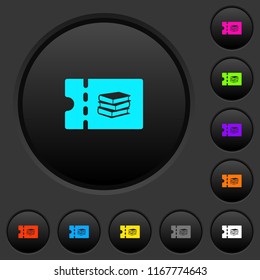 Bookstore discount coupon dark push buttons with vivid color icons on dark grey background
