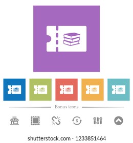 Bookstore discount coupon flat white icons in square backgrounds. 6 bonus icons included.