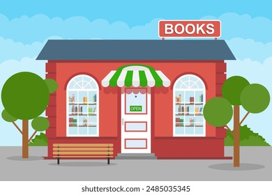 Bookstore, bookstore facade against the backdrop of the urban landscape. Vector, cartoon illustration. Vector.