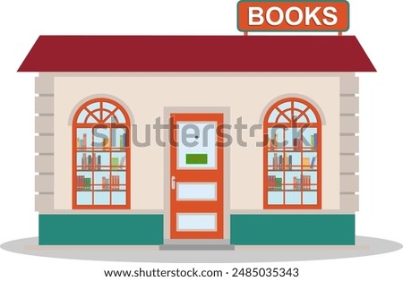 Bookstore, bookstore facade against the backdrop of the urban landscape. Vector, cartoon illustration. Vector.
