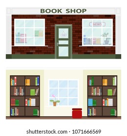 Bookstore, facade and interior of the bookstore. A bookstore with books. Flat design, vector illustration, vector.