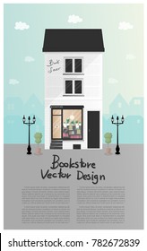 Bookstore flat design in white building and black roof, colorful background with house in the city. Vector illustration. 