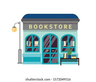 Dibujo vectorial plano de librería. Fachada de la librería con cartelera aislada en fondo blanco. Pequeño quiosco con libros en escaparate. Literatura, novelas, libros de texto en estanterías.