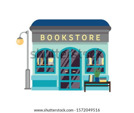 Bookstore flat vector illustration. Bookshop building facade with signboard isolated on white background. Small kiosk with books at showcase. Literature, novels, textboks on bookshelves.