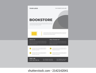 Bookstore flyer design template,  bookshop, library, book lover, e-book, education. A4 vector illustration for poster, banner, advertising, cover.
