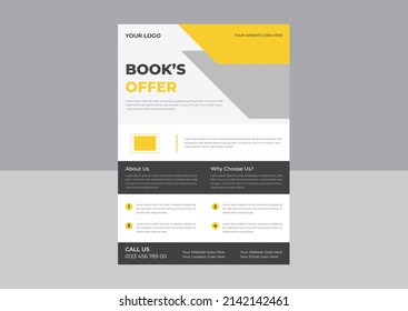 Bookstore flyer design template,  bookshop, library, book lover, e-book, education. A4 vector illustration for poster, banner, advertising, cover.
