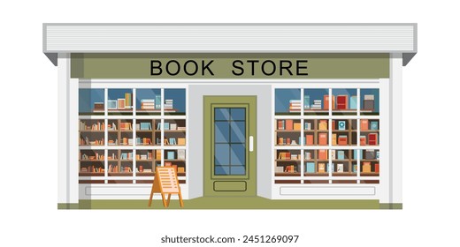 Bookstore front with bookshelves on white background, exterior building vector illustration.