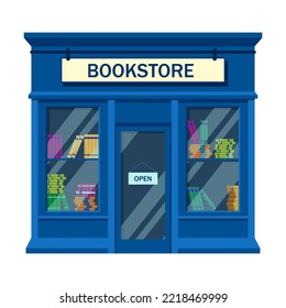 Bookstore Front View Vector Illustration. Traditional Book Shop Building. Small Business, Retail Concept