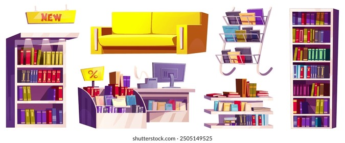 Conjunto de muebles de librería aislado sobre fondo blanco. Ilustración de dibujos animados de Vector de libros y revistas en estantes, sofá amarillo, caja registradora y computadora en el mostrador de la tienda, Elementos de diseño de Biblioteca