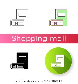 Bookstore icon. Educational publication. Bookshop products. Literature reading. Books online shop category. Linear black and RGB color styles. Isolated vector illustrations