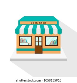 Bookstore icon with long flat shadow on white background. Book shop facade, commercial building. Vector illustration, EPS10.