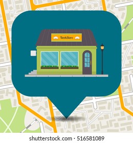 Bookstore icon on city map. Bookshop building front or facade. EPS10 vector illustration in flat style.