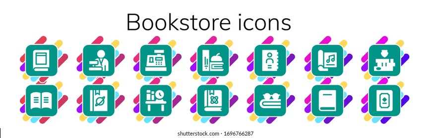 conjunto de iconos de librería. 14 iconos rellenos de librerías.  Iconos modernos sencillos, como: Libro, Cajero, estantería, libros, libreta de teléfonos, revista