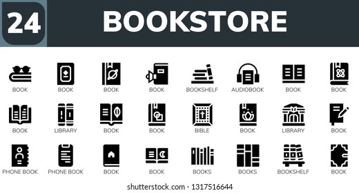 bookstore icon set. 24 filled bookstore icons.  Collection Of - Book, Bookshelf, Audiobook, Library, Bible, Phone book, Books