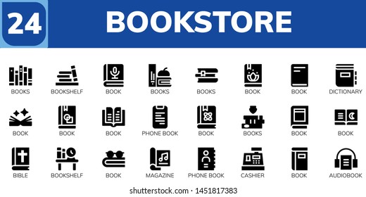 bookstore icon set. 24 filled bookstore icons.  Simple modern icons about  - Books, Bookshelf, Book, Dictionary, Phone book, Bible, Magazine, Cashier, Audiobook