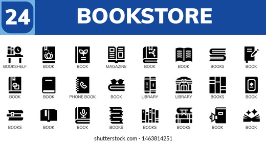 bookstore icon set. 24 filled bookstore icons.  Simple modern icons about  - Bookshelf, Book, Magazine, Books, Phone book, Library