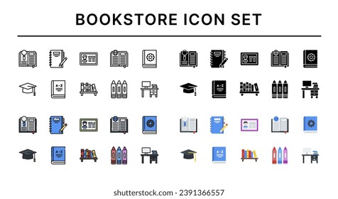 Bookstore icon set, set of book, note book, member, desk, crayon and more