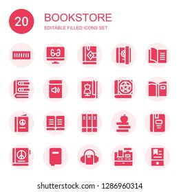 bookstore icon set. Collection of 20 filled bookstore icons included Book shelf, Reading mode, Bible, Diary, Book, Magazine, Books, Audiobook, Cashier, Ebook