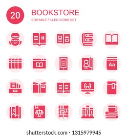 bookstore icon set. Collection of 20 filled bookstore icons included Cashier, Ebook, Book, Books, Magazine, Dictionary, Literature, Reading mode, Bookcase
