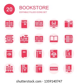 bookstore icon set. Collection of 20 filled bookstore icons included Book, Reading mode, Cashier, Books, Book shelf, Science book