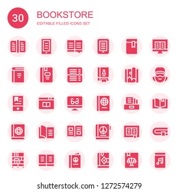 bookstore icon set. Collection of 30 filled bookstore icons included Book, Ebook, Science book, Magazine, Reading mode, Literature, Cashier, Bookcase, Bible, Audiobook