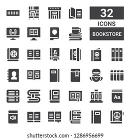 bookstore icon set. Collection of 32 filled bookstore icons included Book, Dictionary, Books, Cashier, Phone book, Diary, Science book, Ebook, Reading mode, Library, Bookcase