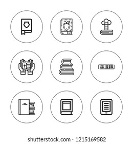 Bookstore icon set. collection of 9 outline bookstore icons with bible, book, books, bookshelf icons. editable icons.