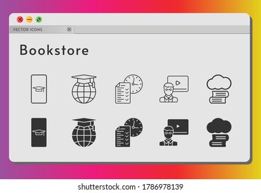 conjunto de iconos de librería. incluye biblioteca en la nube, profesor, prueba, iconos escolares sobre fondo blanco. estilos lineales y llenos.