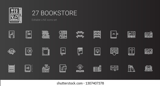 bookstore icons set. Collection of bookstore with diary, books, open book, audiobook, cashier, bookshelf, book, library, bible, science book. Editable and scalable bookstore icons.