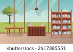 Bookstore interior background. Book store cartoon. School library room to study with cashier and book rack furniture.