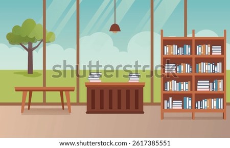 Bookstore interior background. Book store cartoon. School library room to study with cashier and book rack furniture.